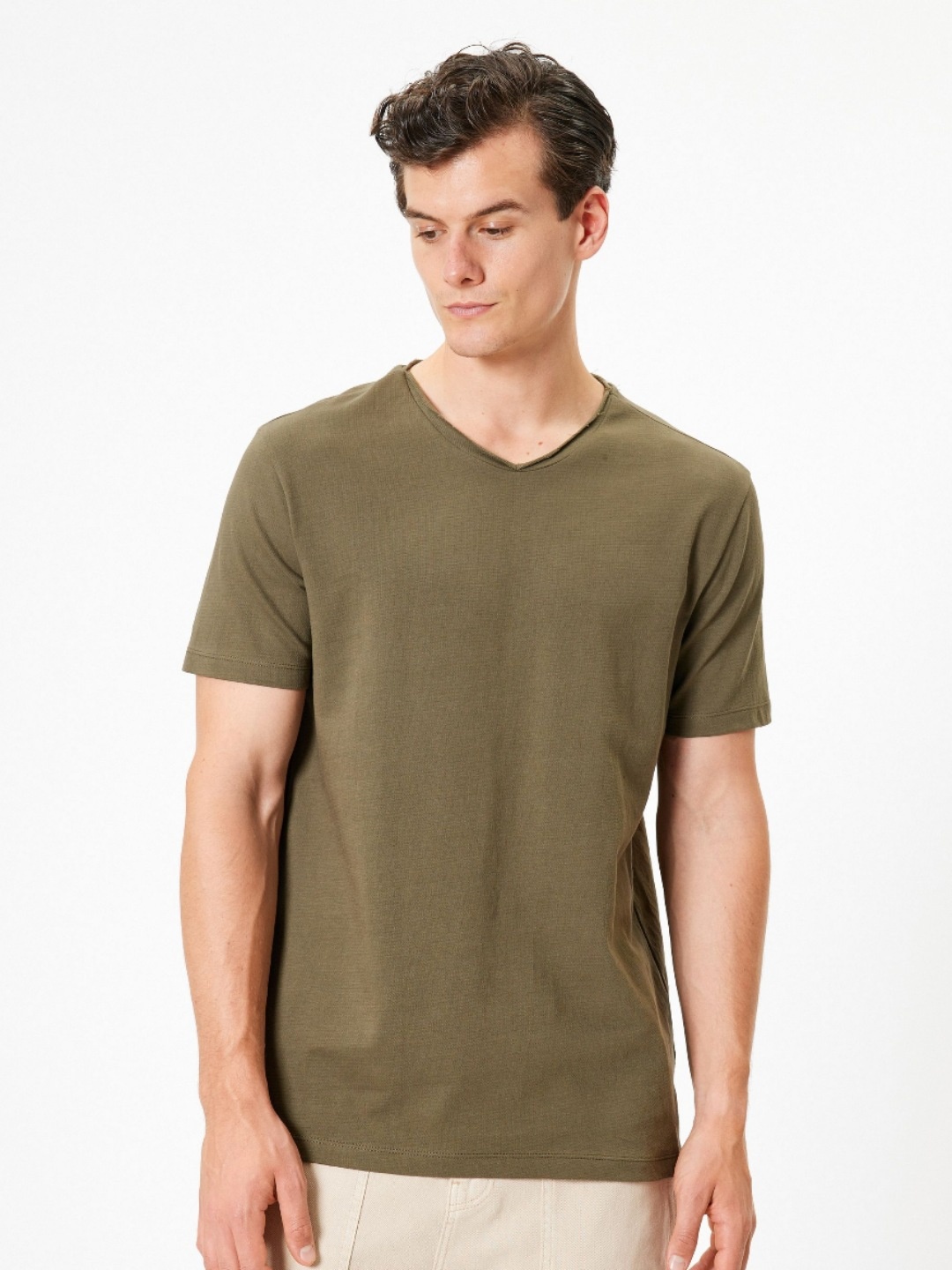 

Koton Men V-Neck Extended Sleeves Raw Edge T-shirt, Khaki