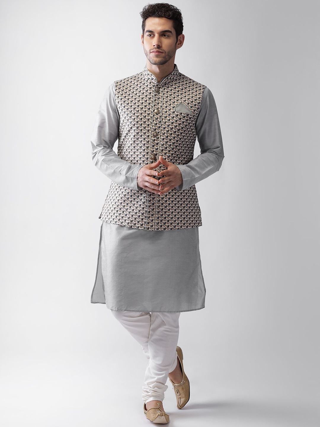 

Anouk White Mandarin Collar Straight Kurta with Churidar & Printed Nehru jacket