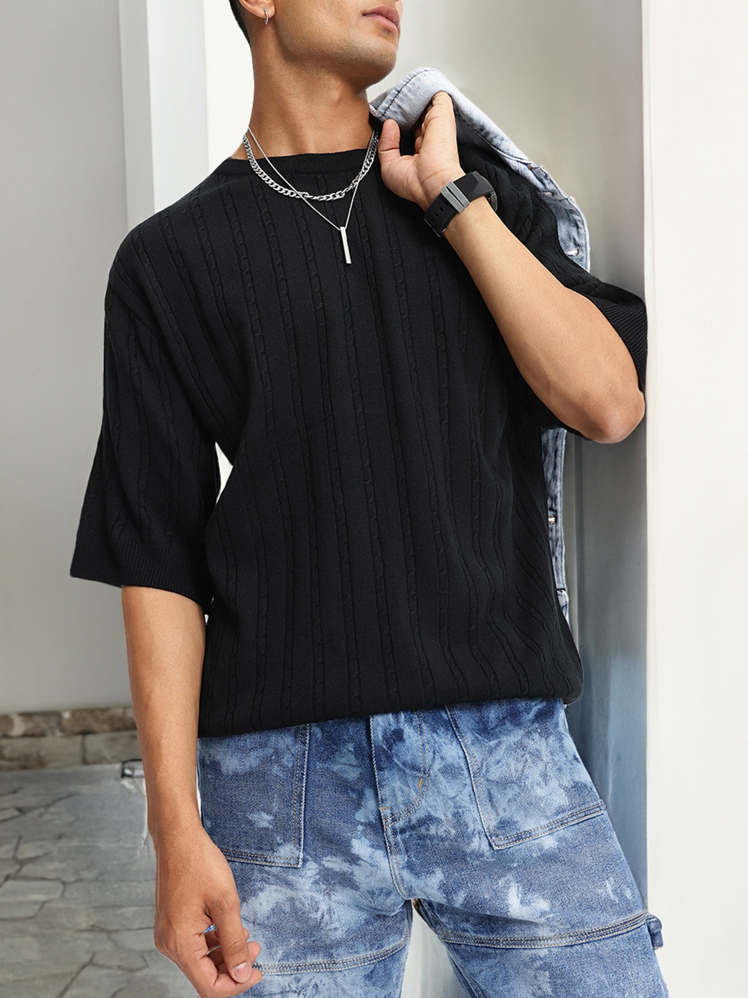 

Kook N Keech Textured Stripes Cable Knit Oversized T-shirt, Navy blue