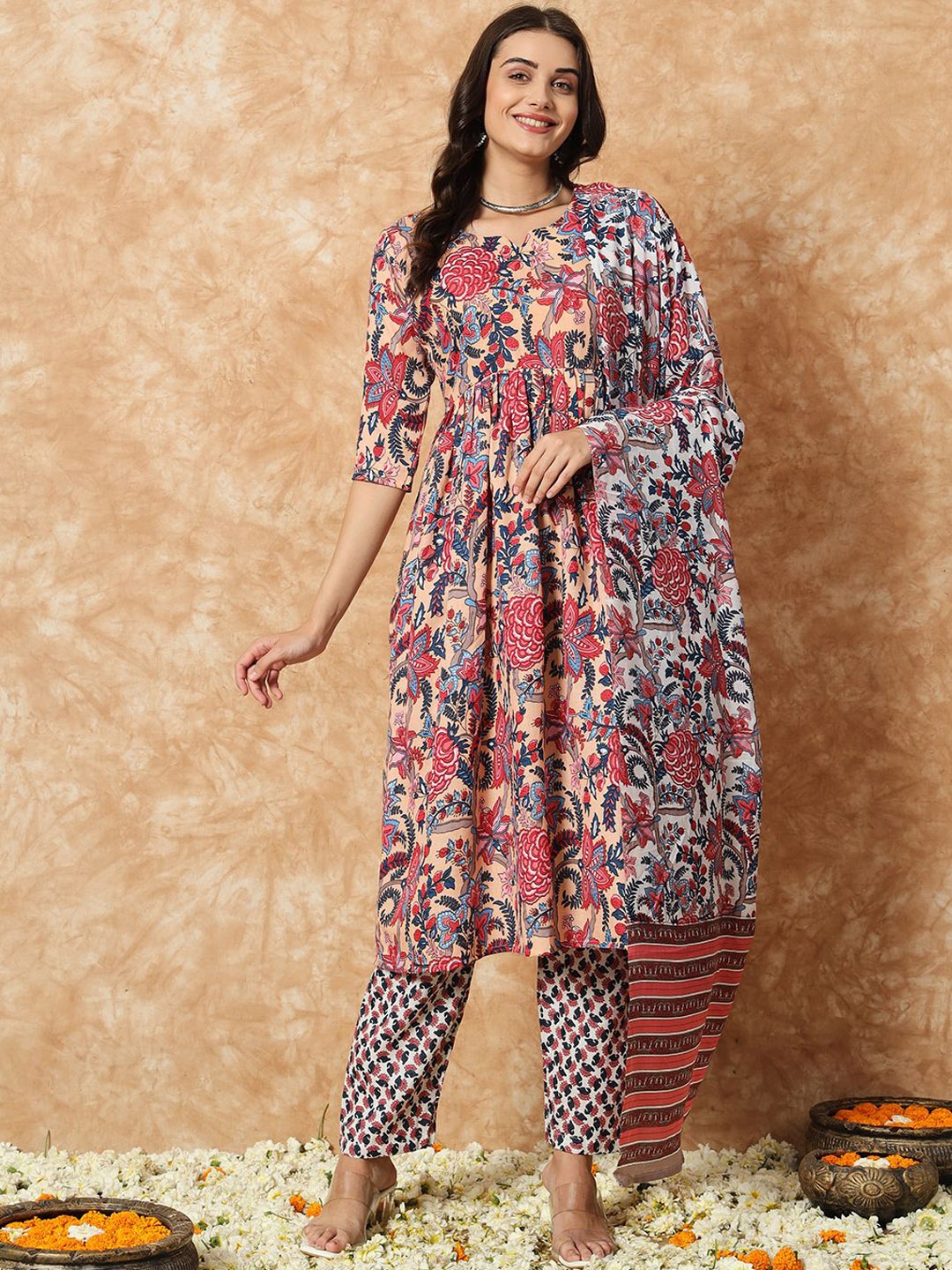 

Fashion Basket Women Ethnic Motifs Printed Empire Kurta with Pyjamas & With Dupatta, Peach