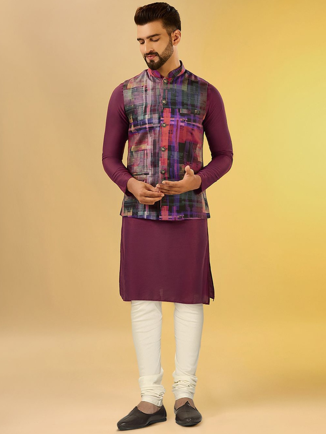 

Anouk Maroon & White Abstract Printed Mandarin Collar Kurta with Churidar & Nehru Jacket