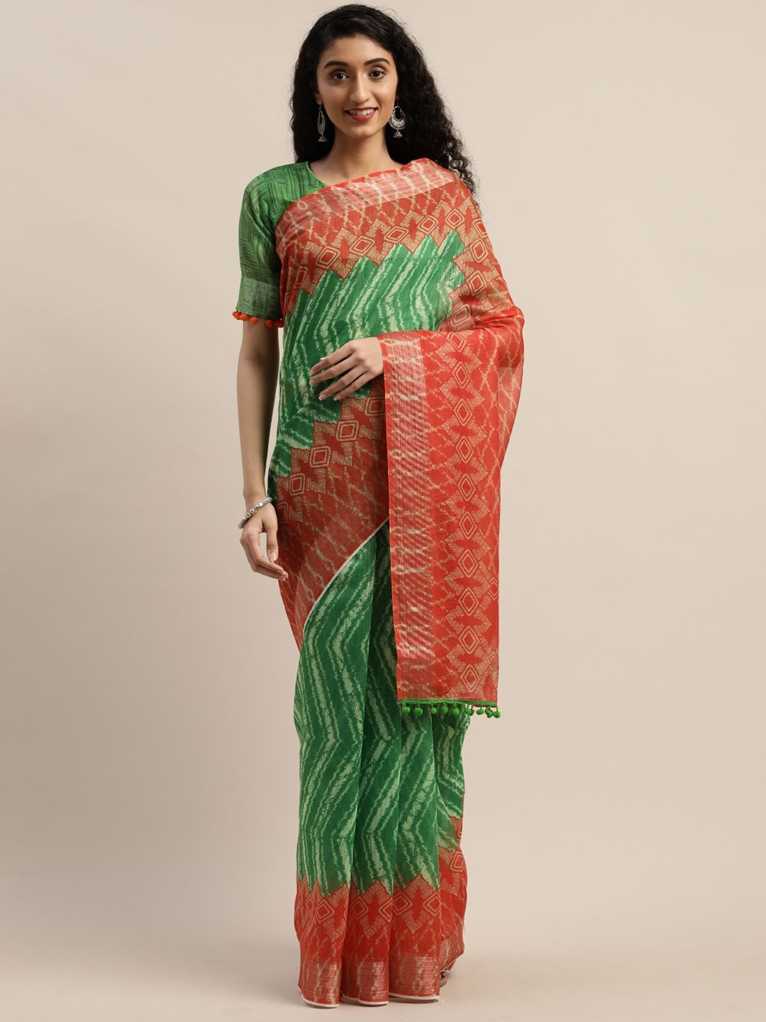 

KULNAARI Zari Linen Blend Saree, Green