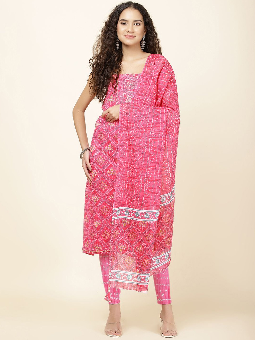 

Meena Bazaar Bandhani Printed Cotton Unstitched Dress Material, Pink