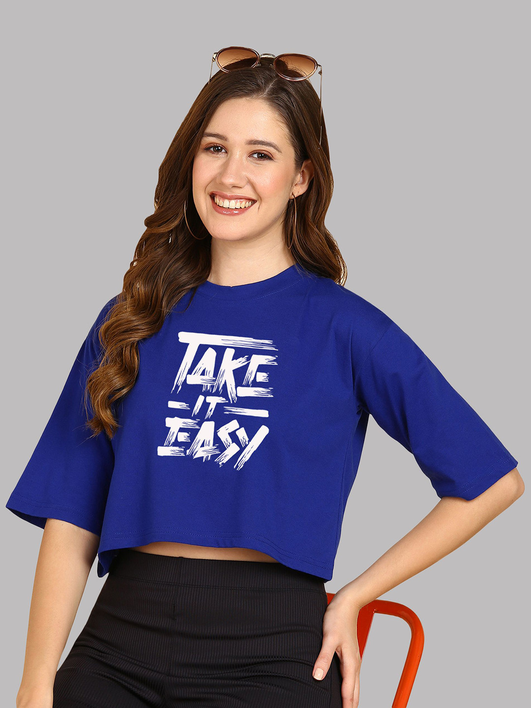 

Adyavastram Women Typography Pockets T-shirt, Blue