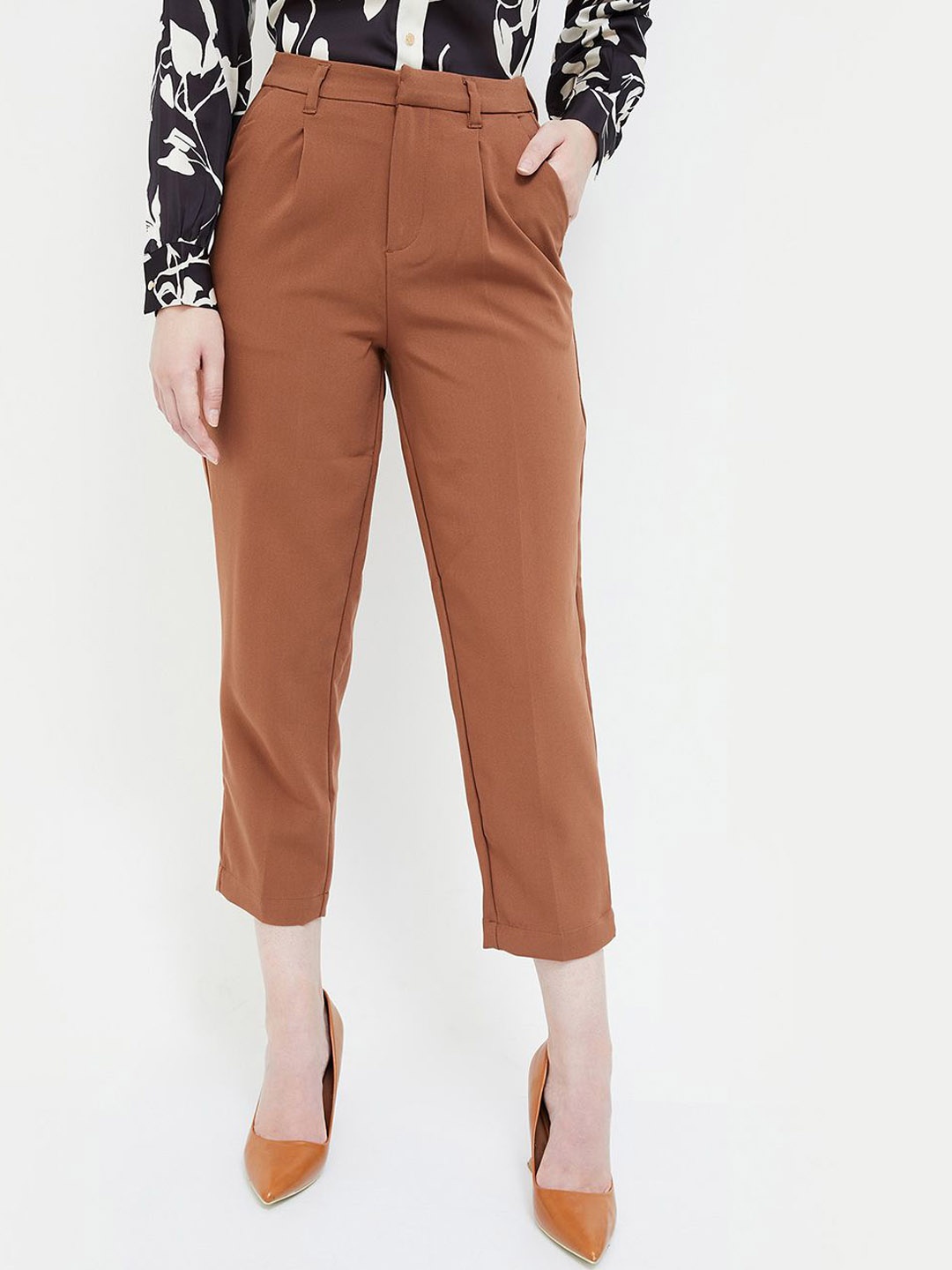 

CODE by Lifestyle Women Pleated Cropped Trousers, Brown