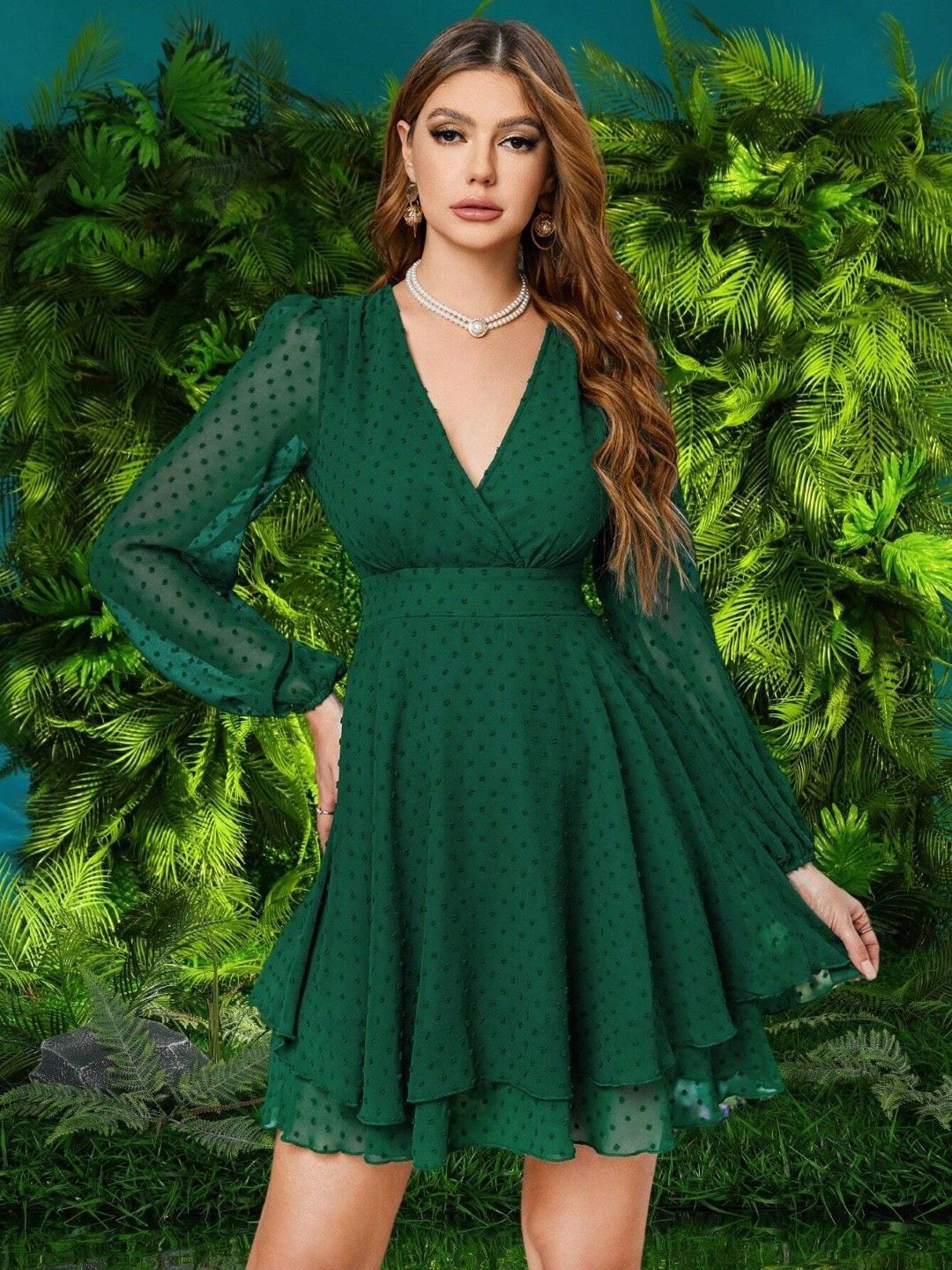 

StyleCast V-Neck Puff Sleeves A-Line Dress, Green