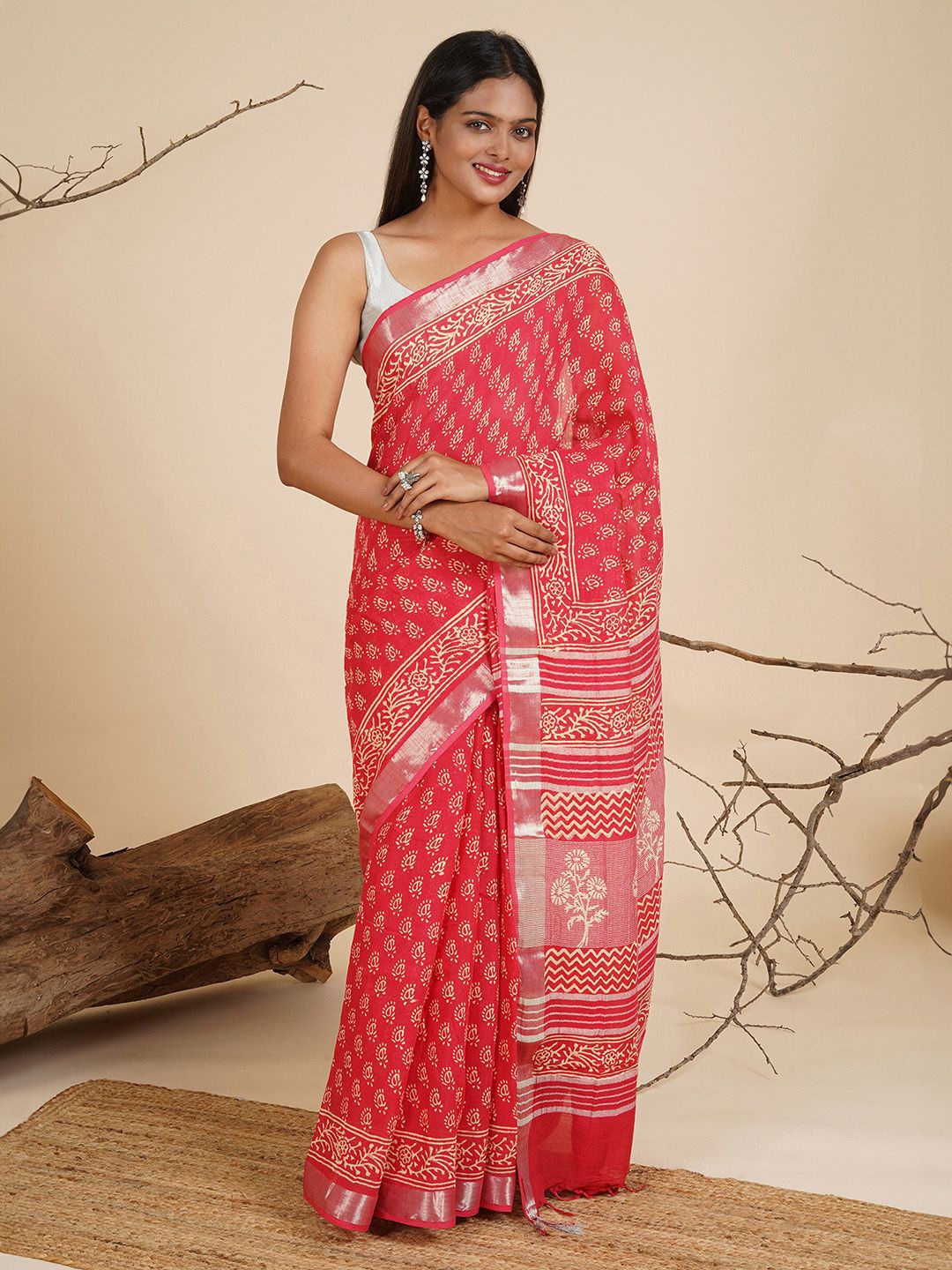 

TEEJH Ethnic Motifs Block Print Zari Saree, Coral