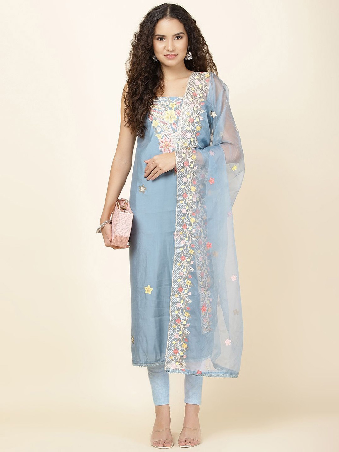 

Meena Bazaar Embroidered Art Silk Unstitched Dress Material, Blue