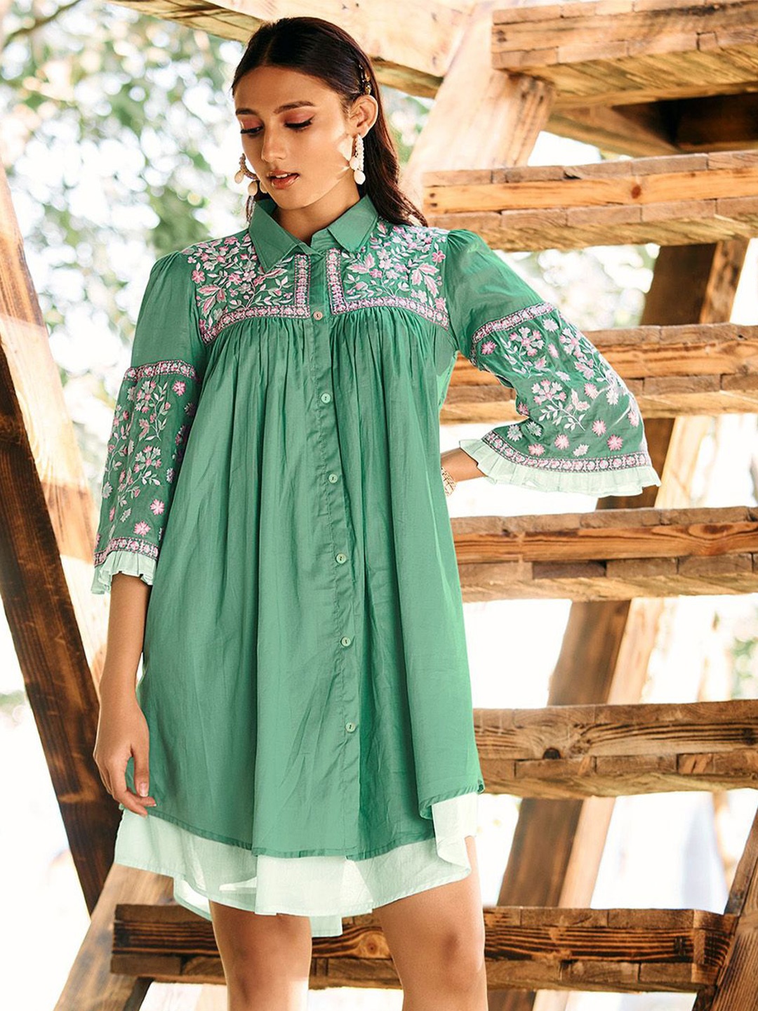 

Kaftanize Embroidered Floral Cotton Flared Sleeves A-Line Dress, Green