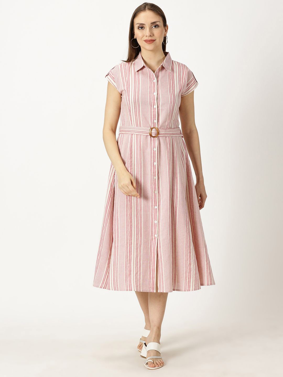 

Saffron Threads Striped Shirt Midi Dress Comes with a belt, Pink