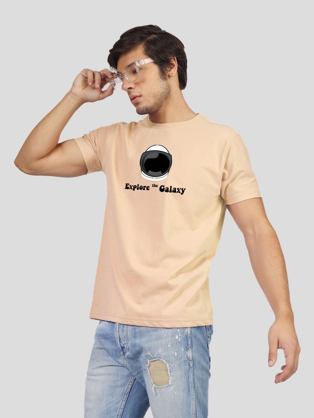 

Greylongg Men Graphic Printed Round Neck Cotton T-shirt, Beige