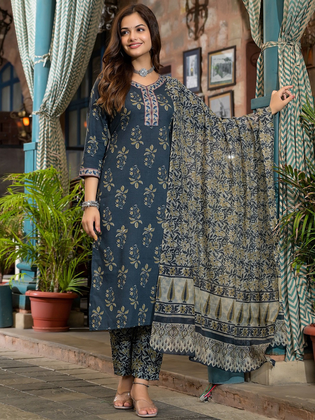 

KALINI Floral Printed Straight Kurta with Trousers & Dupatta, Blue