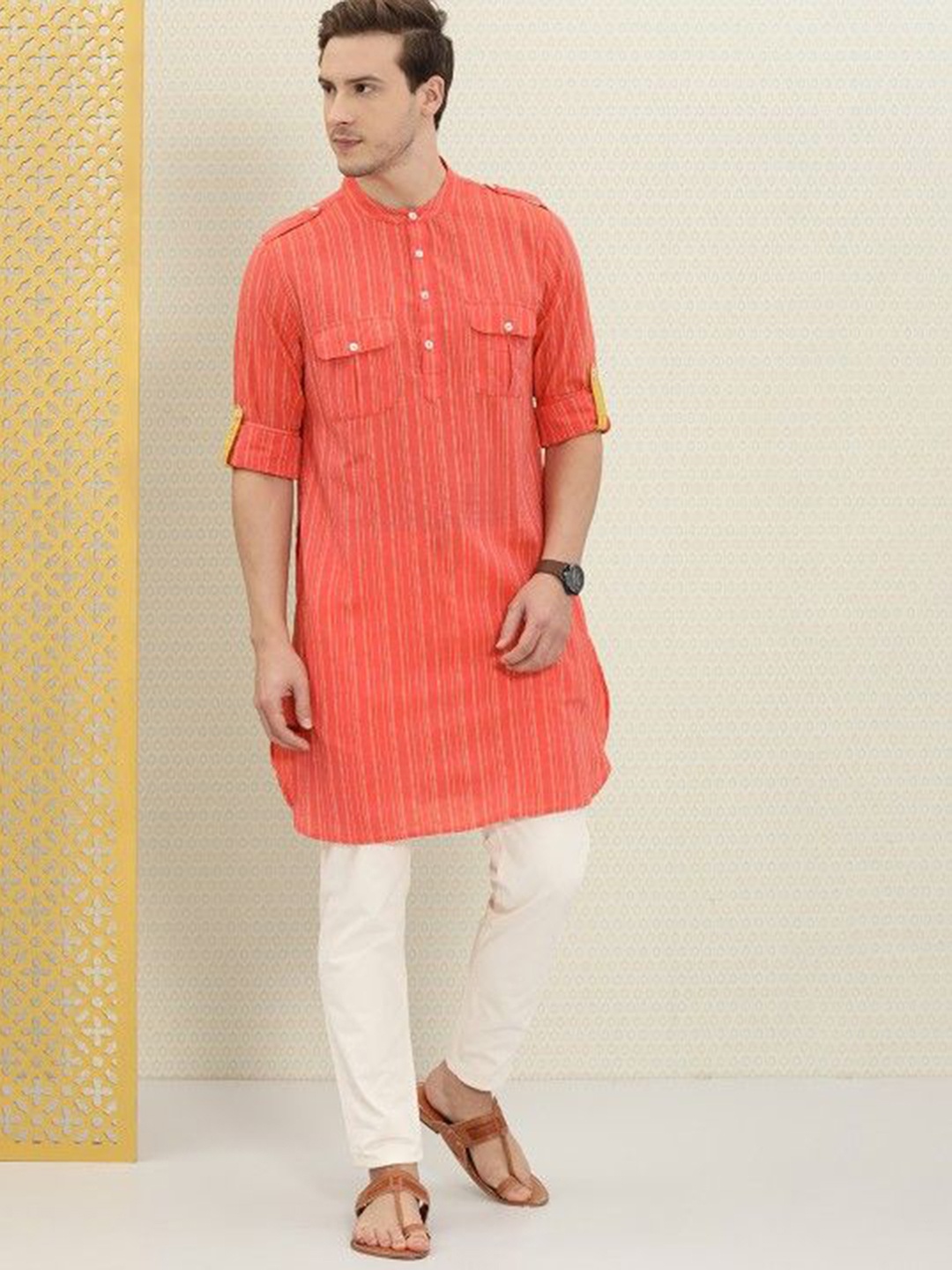 

House of Pataudi Striped Band Collar Roll-Up Sleeves Pure Cotton Kurta, Peach