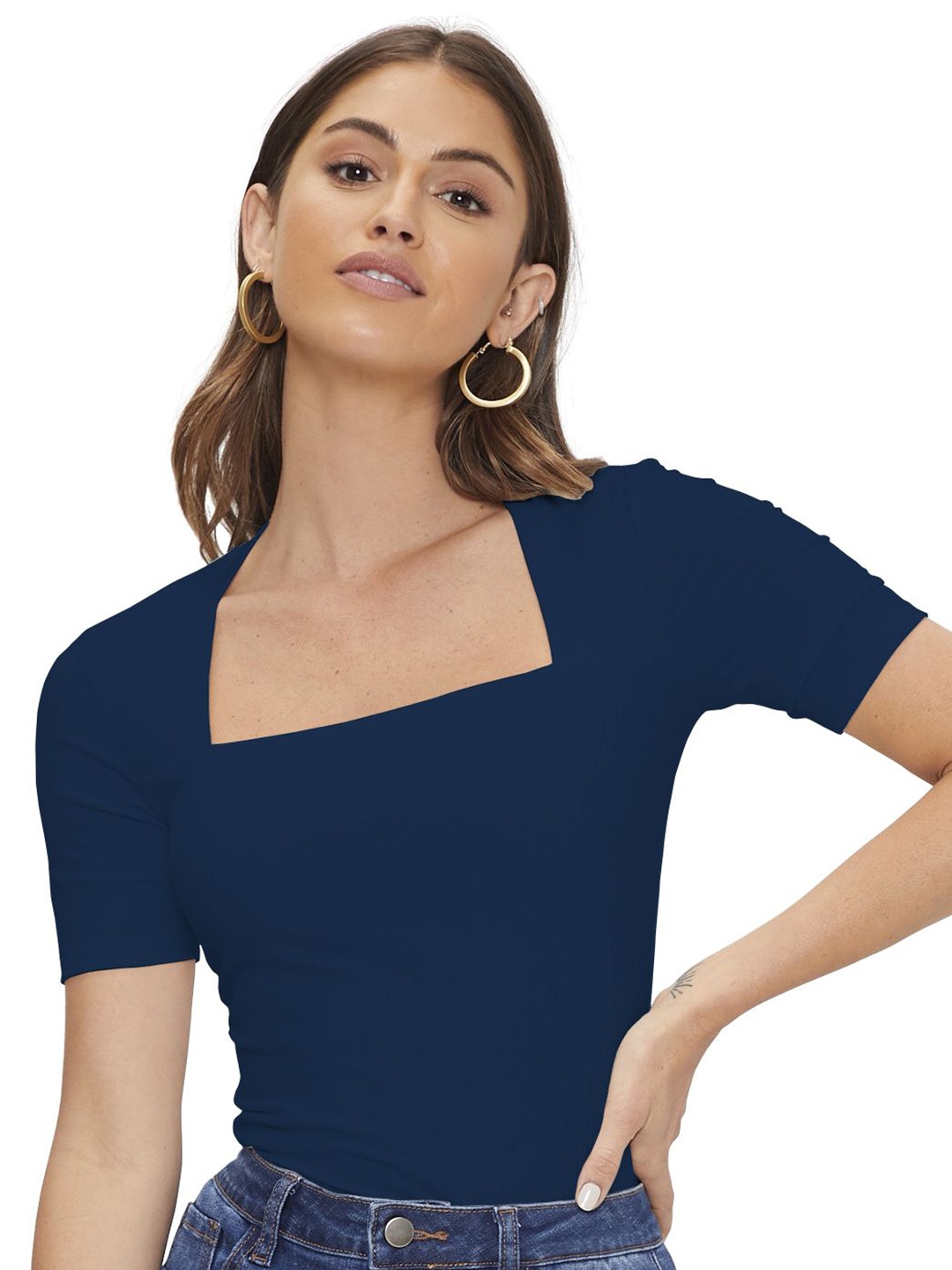 

BAESD Women Solid Square Neck Top, Navy blue