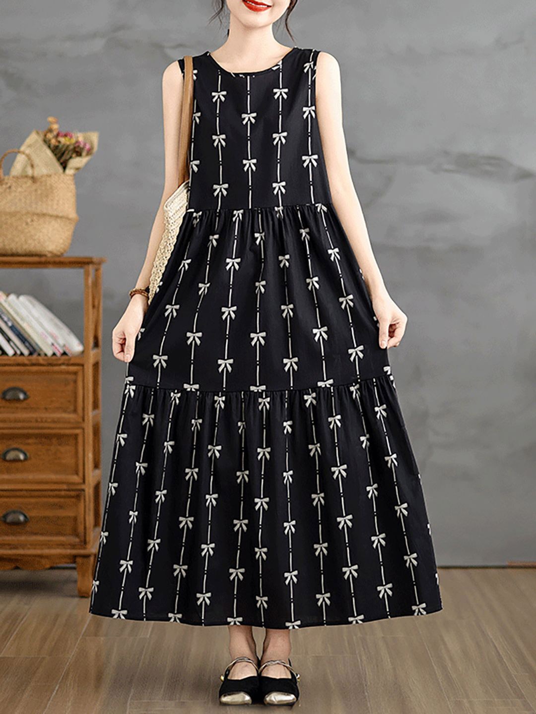 

JC Mode Printed Fit and Flare Maxi Dress, Black