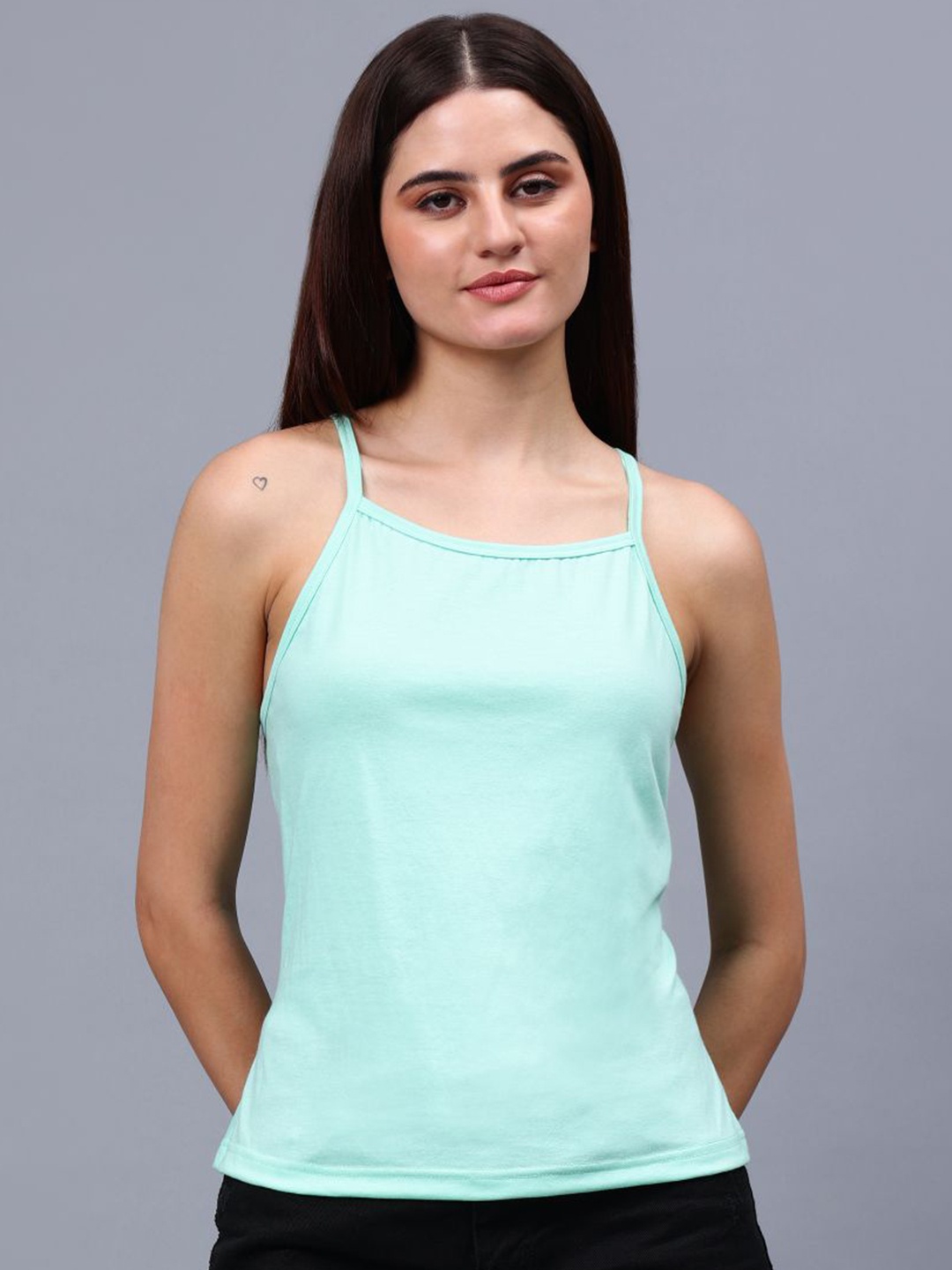 

ENTELLUS Solid Longline Cotton Styled Back Top, Sea green