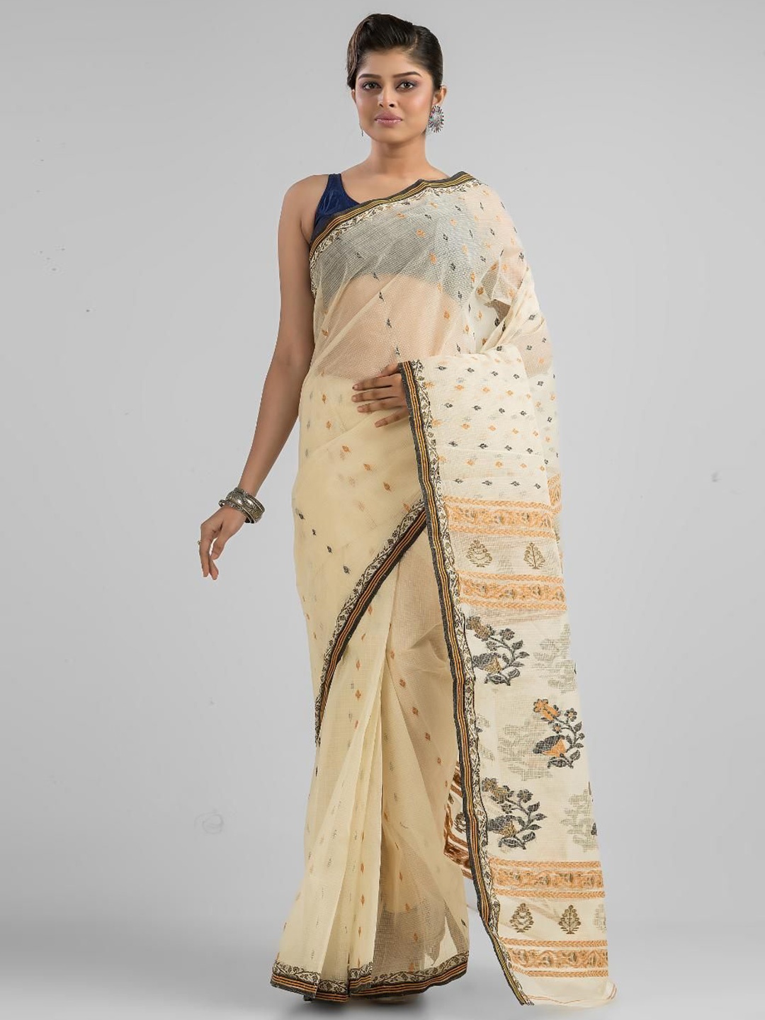 

SAJASAJO Ethnic Motifs Pure Cotton Saree, Off white