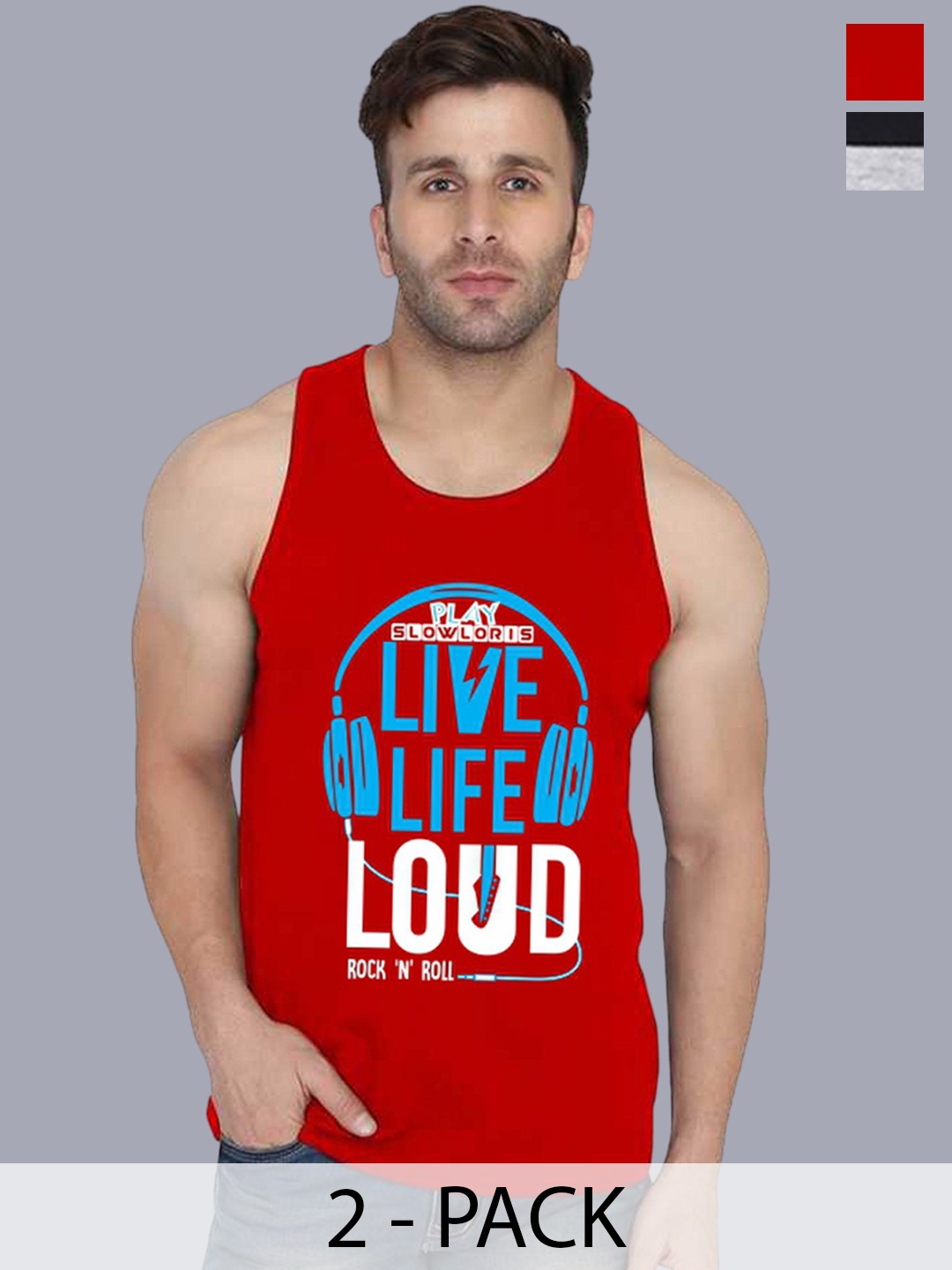 

SLOWLORIS Pack Of 2 Printed Men Gym Vests, Red