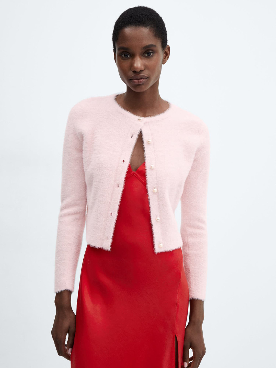 

MANGO Faux Fur Knitted Cardigan, Pink