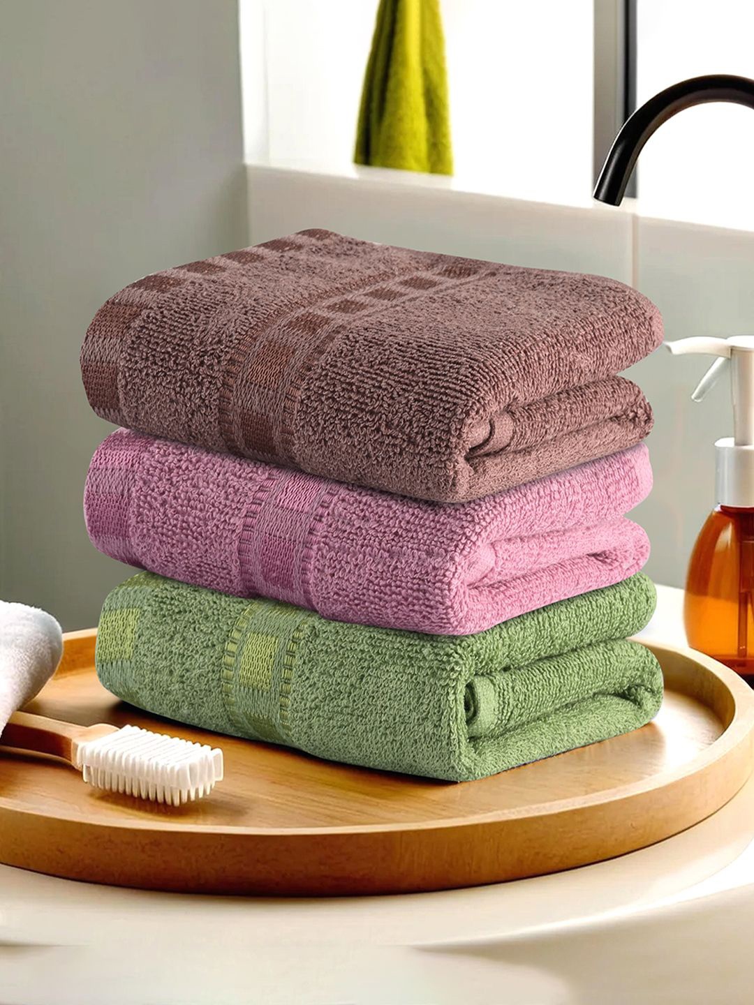 

Kuber Industries Green & Pink 3 Pieces Striped Cotton Anti-Bacterial 225 GSM Face Towels