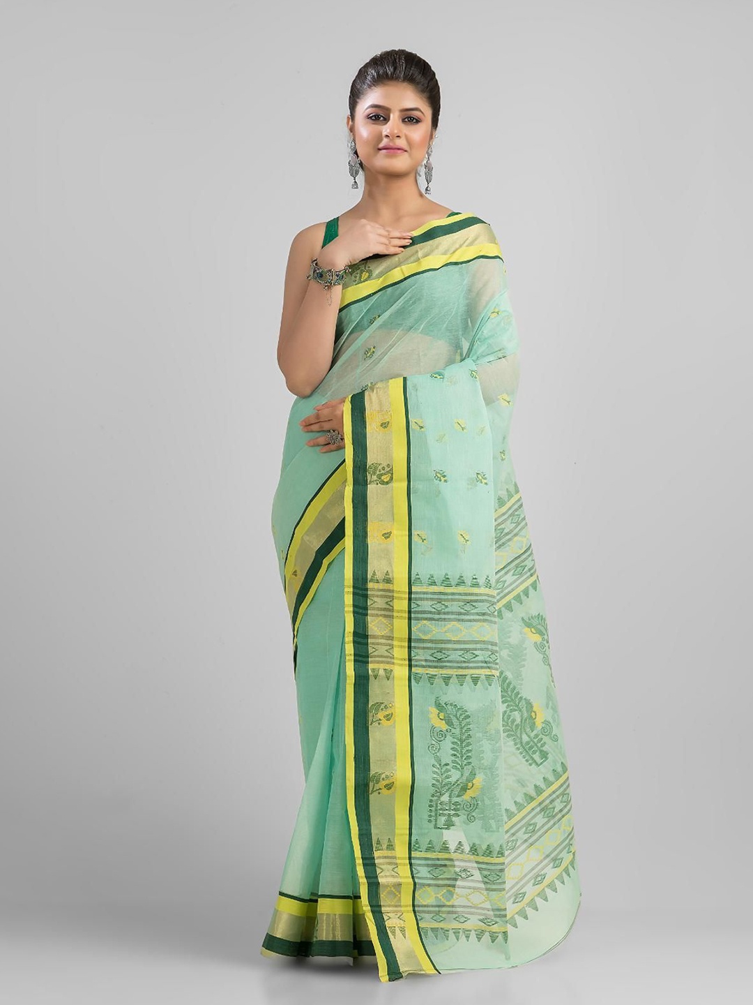 

SAJASAJO Woven Design Ethnic Motifs Zari Pure Cotton Saree, Sea green