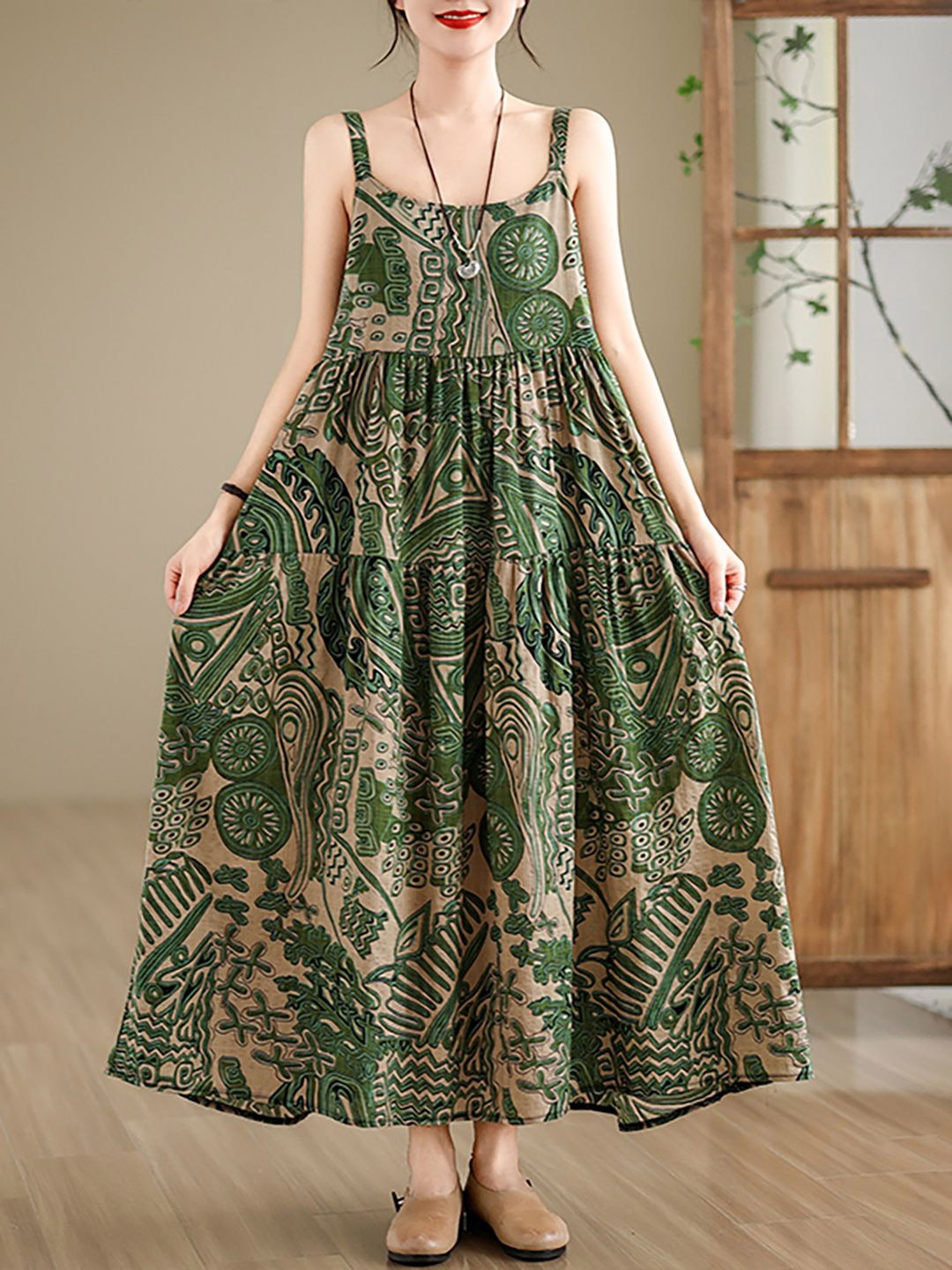 

JC Mode Ethnic Motifs Printed A-Line Maxi Dress, Green