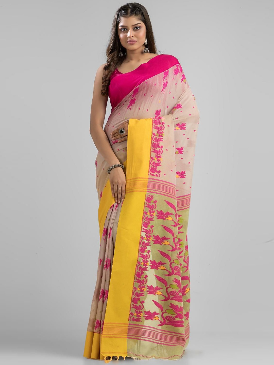 

SAJASAJO Ethnic Motifs Pure Cotton Saree, Beige