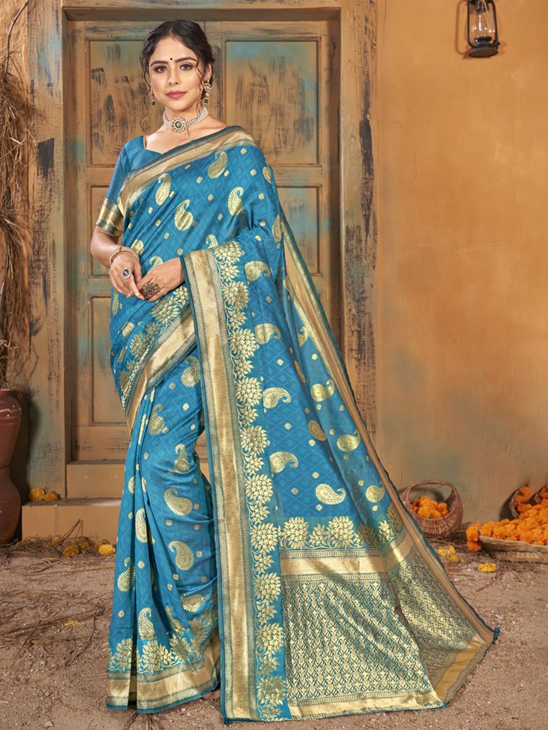 

ASISA Woven Design Zari Saree, Turquoise blue