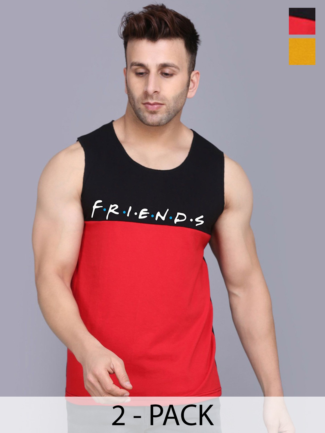 

SLOWLORIS Pack Of 2 Printed Men Gym Vests, Mustard