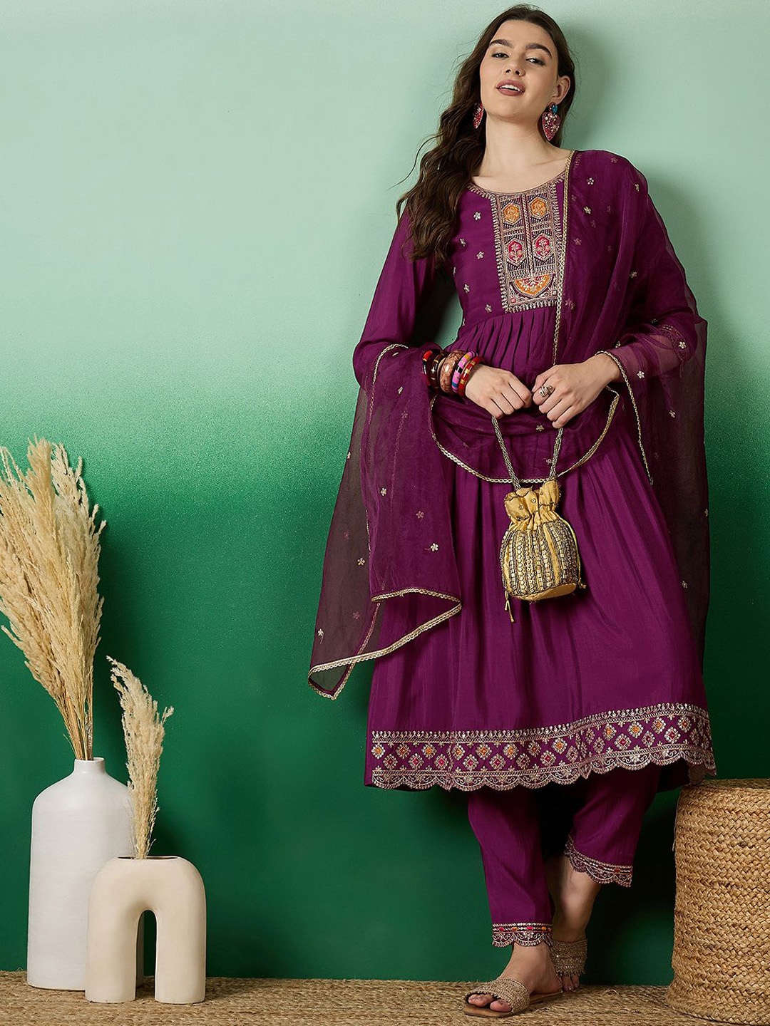 

Sangria Floral Embroidered A Line Kurta & Sharara With Dupatta, Burgundy