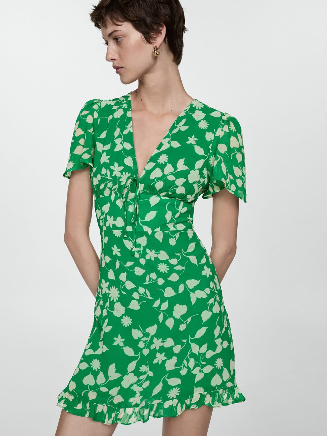 

MANGO Floral Print Puff Sleeve Sheath Mini Dress, Green