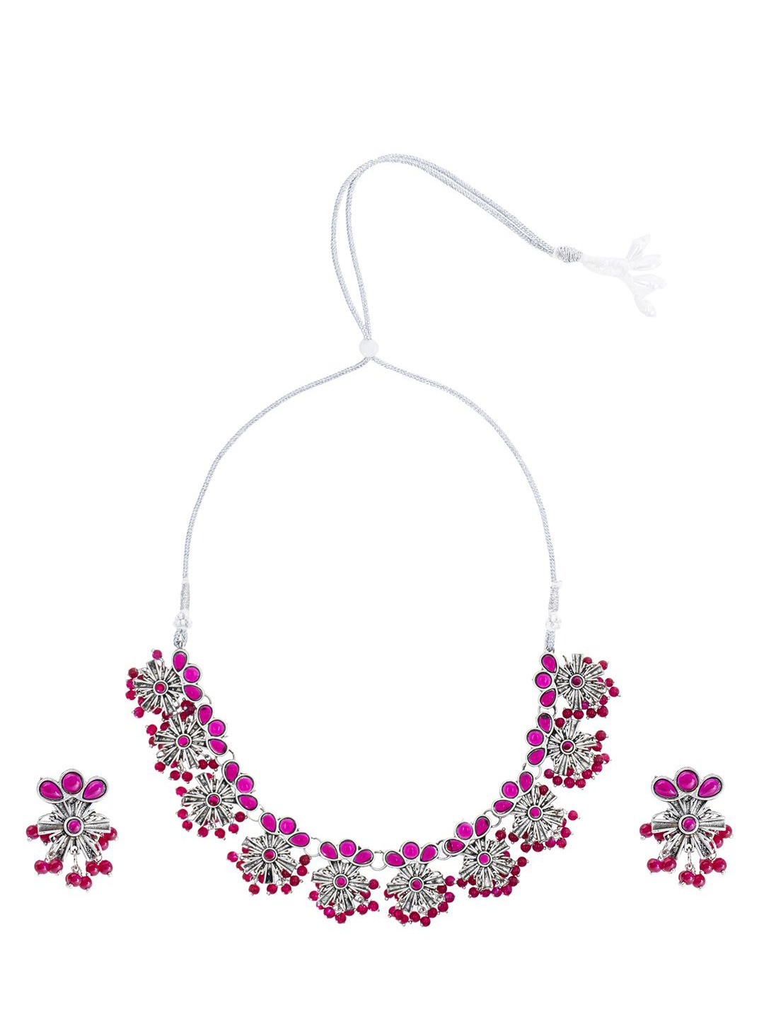 

Shining Jewel - By Shivansh Silver-Plated CZ Studded Oxidised Jewellery Set