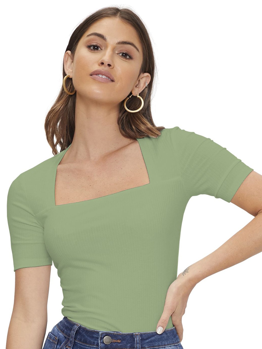 

BAESD Women Solid Square Neck Fitted Top, Green