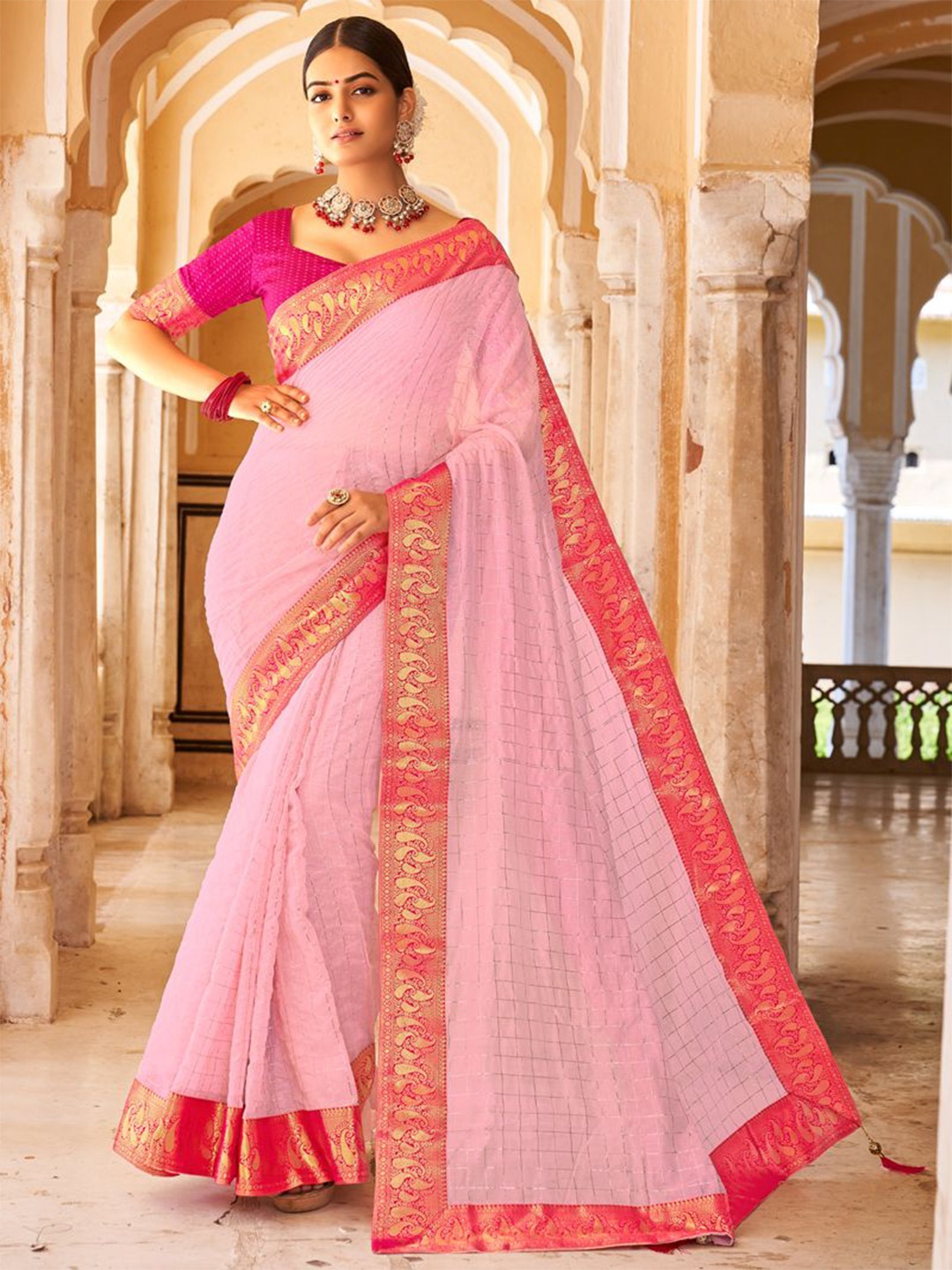 

ASISA Checked Zari Silk Cotton Saree, Pink