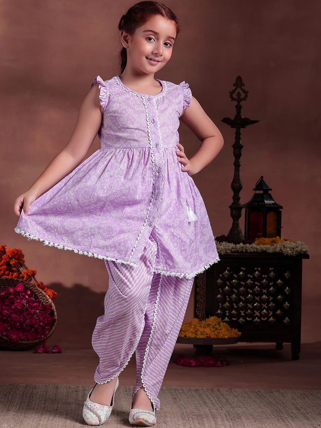 

Libas KIDS Girls Floral Printed Gotta Patti Pure Cotton A-Line Kurta With Salwar, Purple