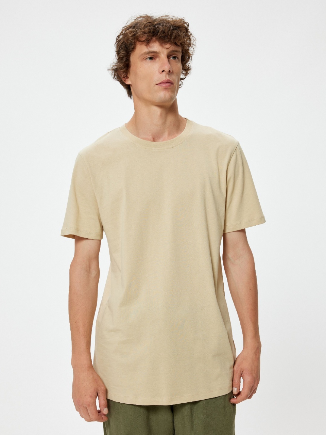 

Koton Men Drop-Shoulder Sleeves Raw Edge Slim Fit T-shirt, Beige