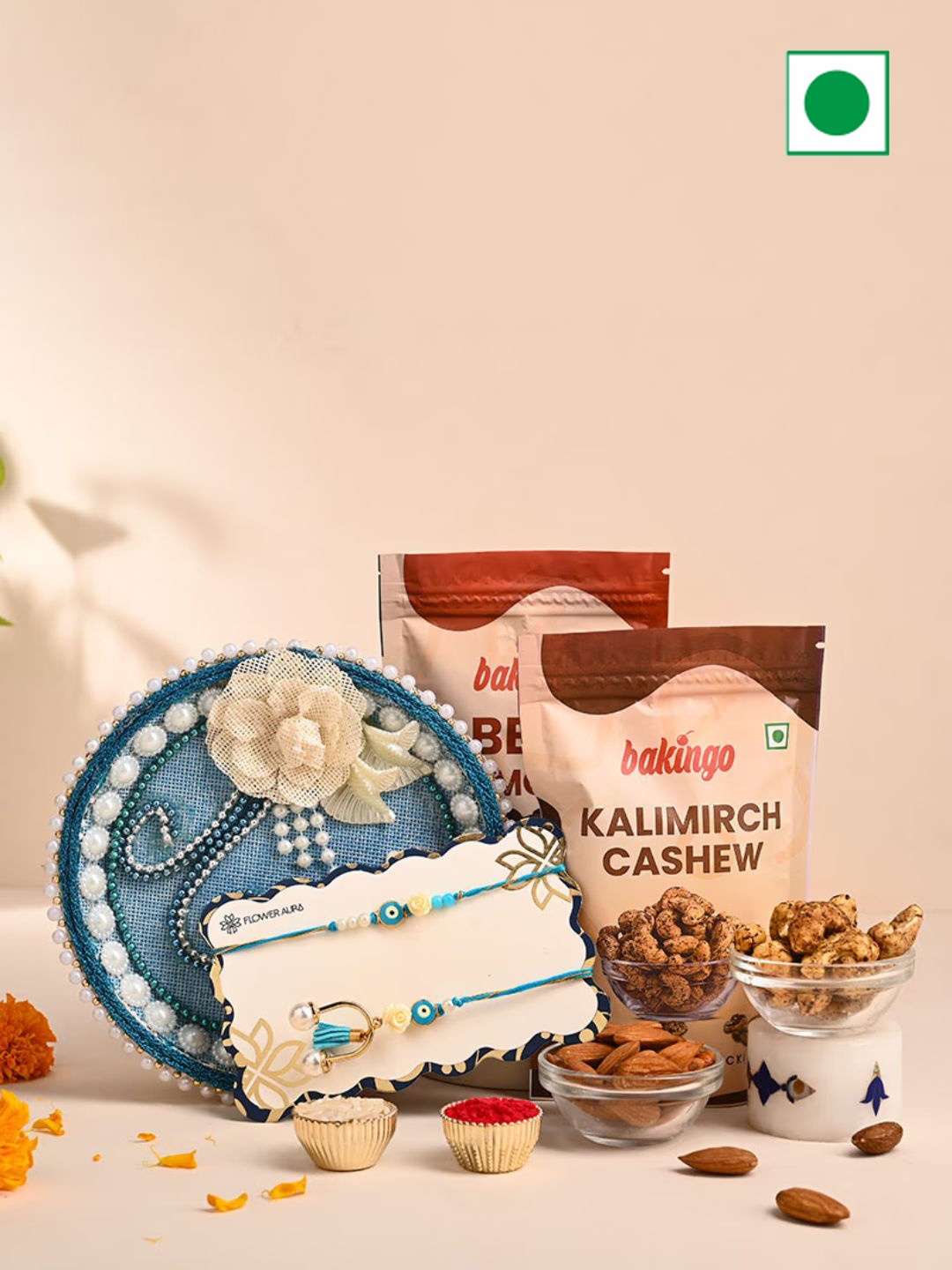 

Floweraura Set of 3 Bhaiya Bhabhi Evil Eye Rakhi with Cashews & Almonds, Blue