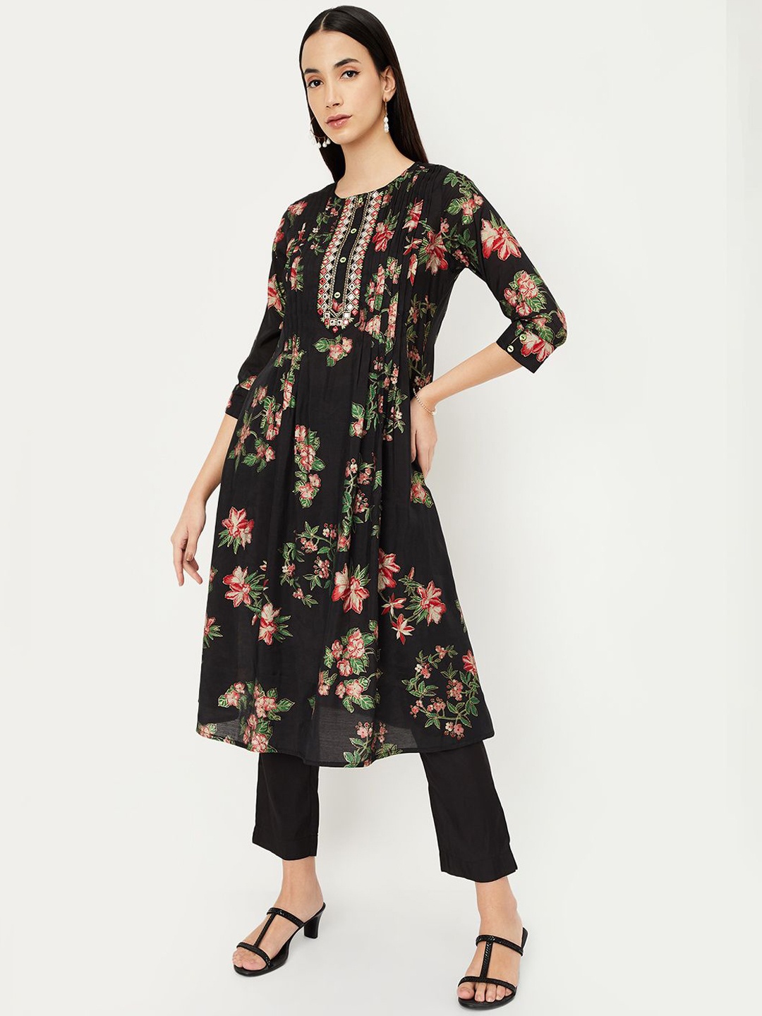 

max Floral Printed Pleated Style Mirror Work A-Line Kurta With Trousers, Black