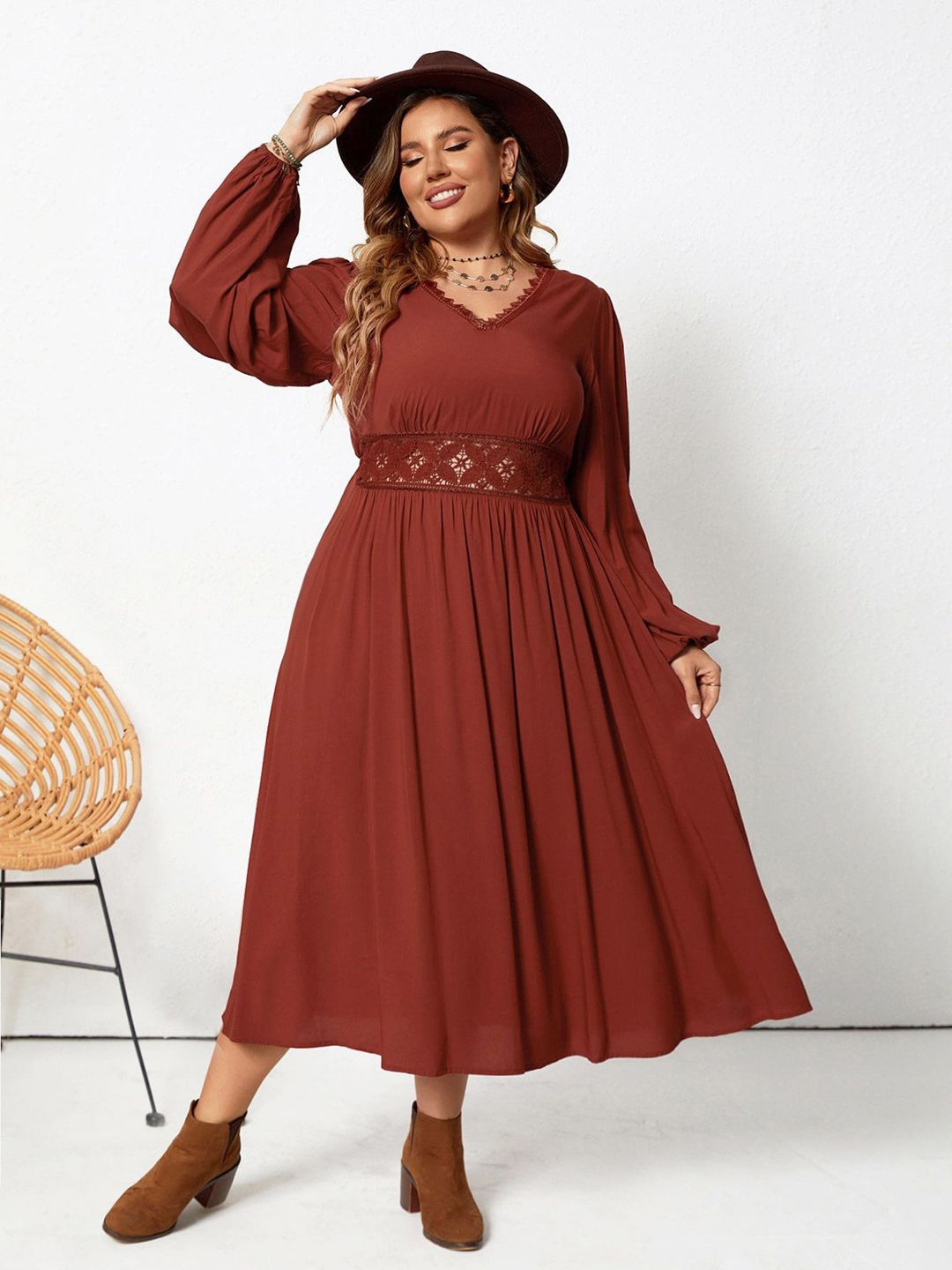 

JC Mode Puff Sleeve Fit & Flare Midi Dress, Brown