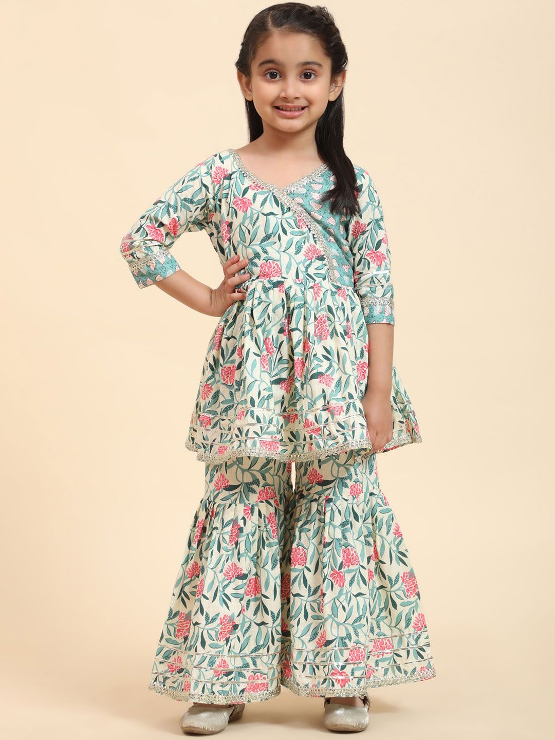 

SHIJILA Girls Floral Printed A Line Kurta with Sharara, Cream