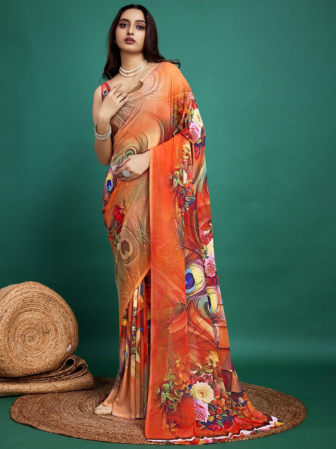 

P D Silk Mills Floral Pure Georgette Saree, Orange