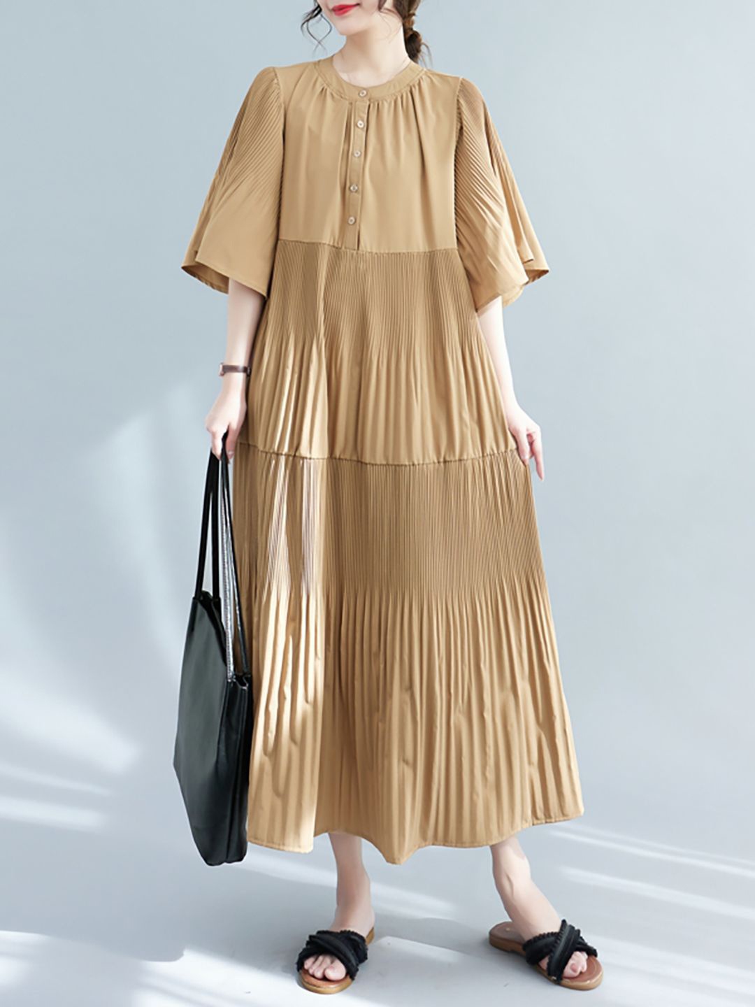 

JC Mode Flared Sleeves Tiered A-Line Maxi Dress, Khaki