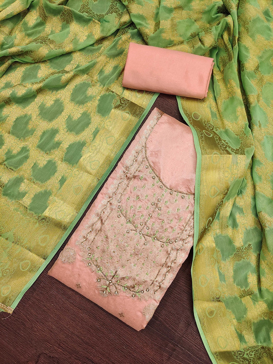 

MANVAA Embellished Beads & Stones Banarasi Unstitched Dress Material, Peach