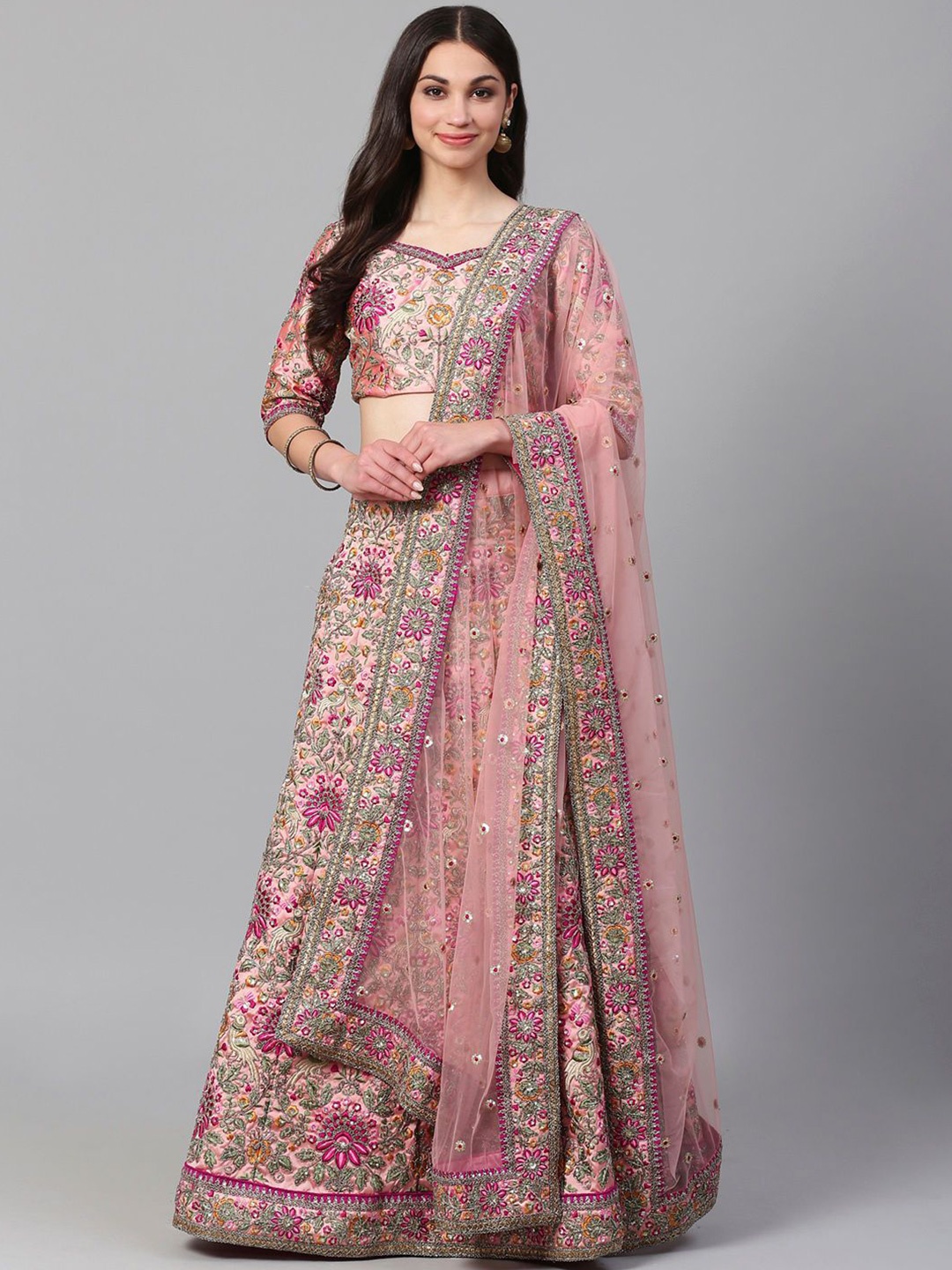 

FABPIXEL Embroidered Semi-Stitched Lehenga & Unstitched Blouse With Dupatta, Peach