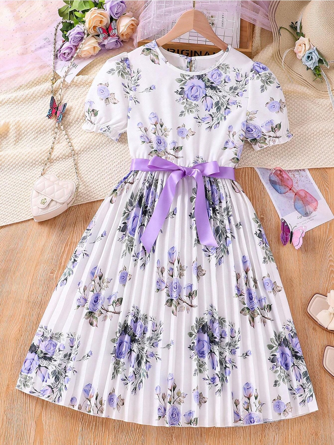 

BAESD Girls Floral Printed Puff Sleeves Fit & Flare Dress, Purple