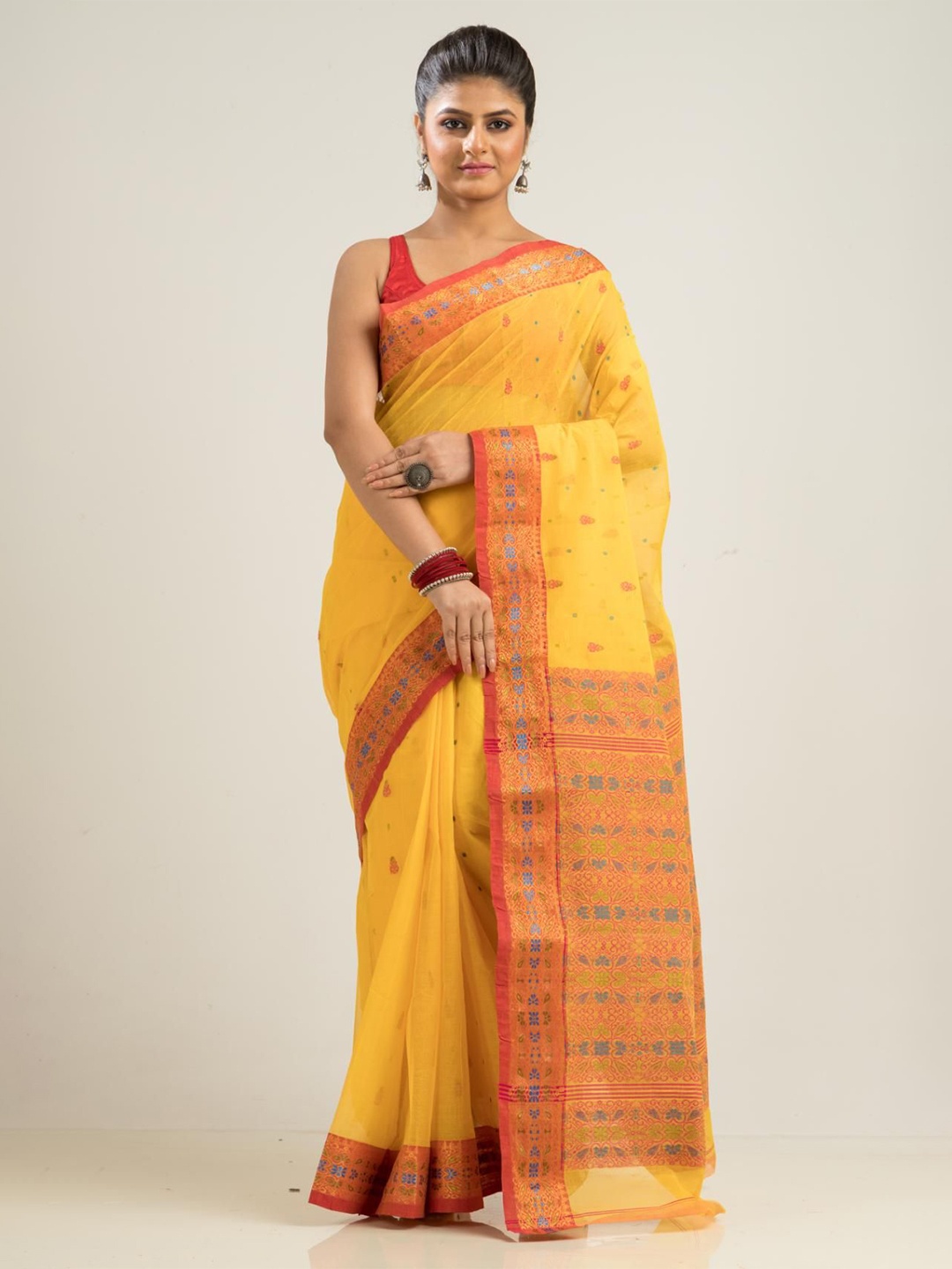 

SAJASAJO Ethnic Motifs Pure Cotton Fusion Saree, Yellow