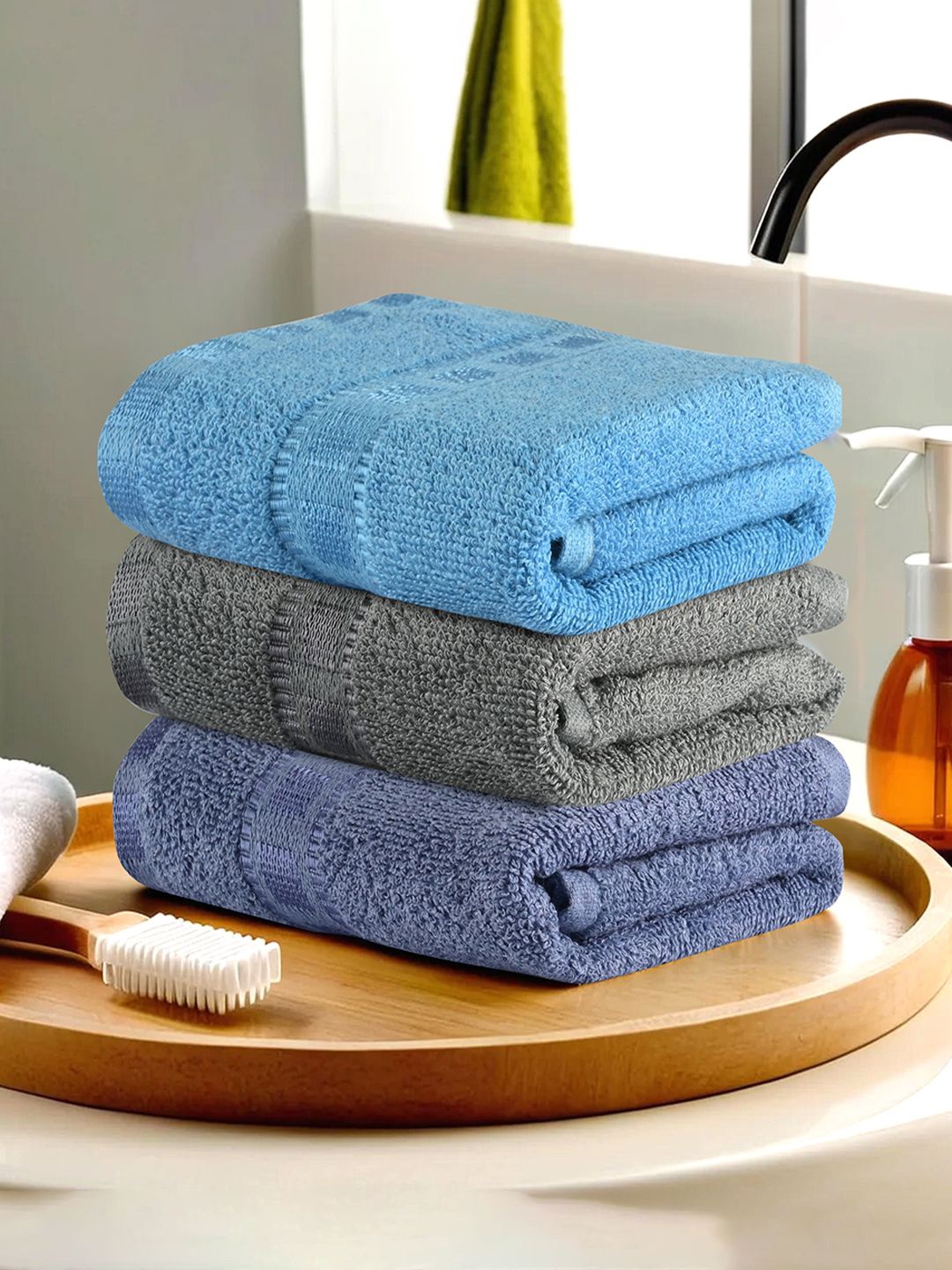 

Kuber Industries Blue & Grey 3 Pieces Cotton 225 GSM Anti Bacterial Face Towels