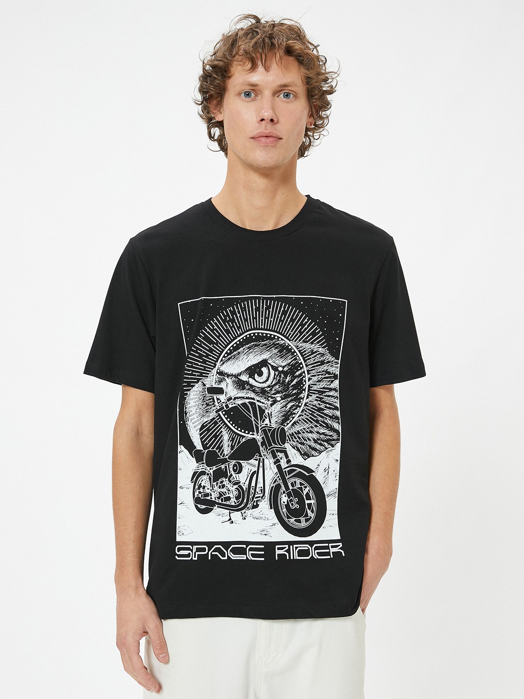 

Koton Men Biker Printed Raw Edge T-shirt, Black