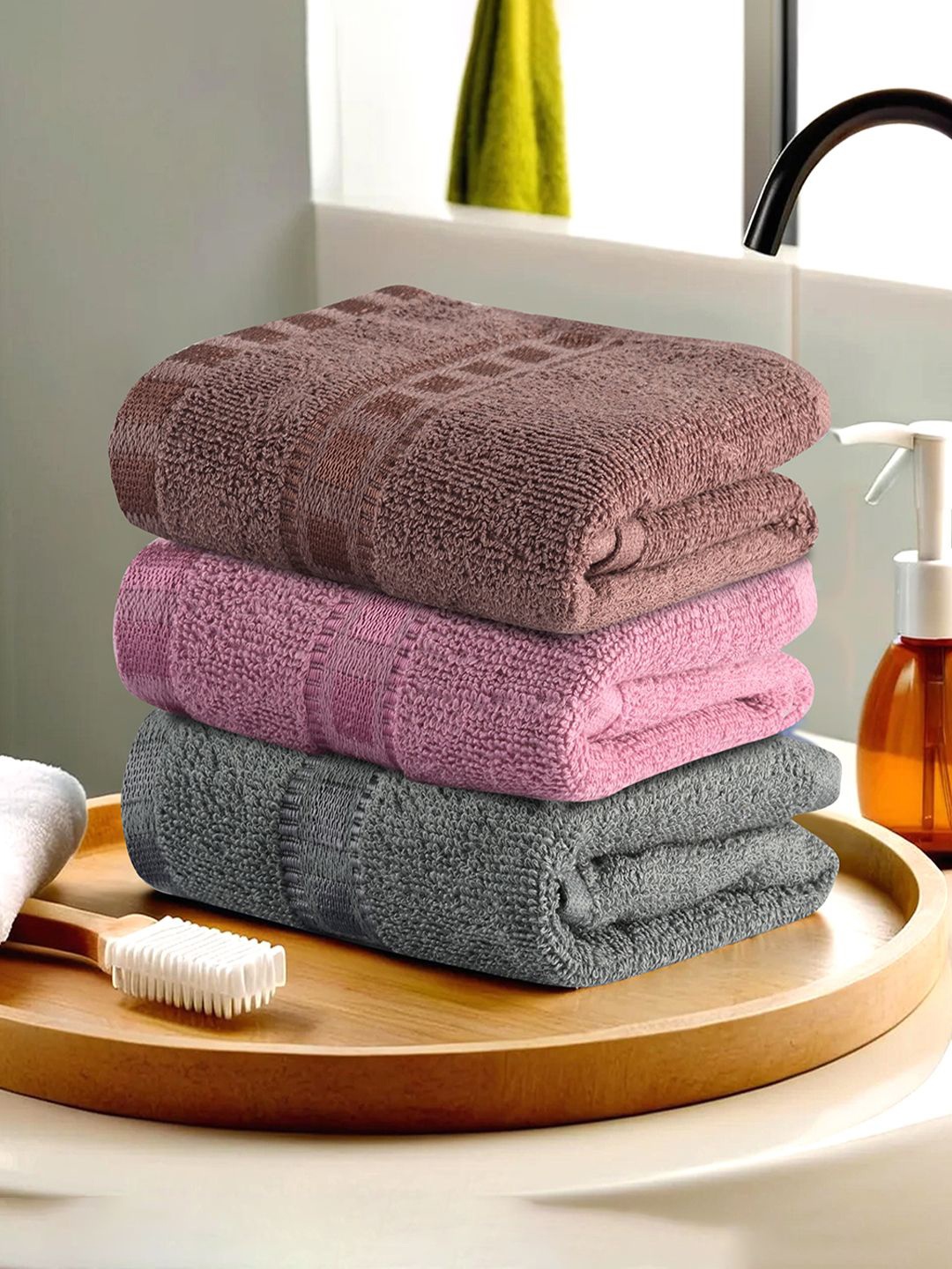 

Kuber Industries Pink & Grey 3 Pieces Self Design Cotton 225 GSM Face Towels