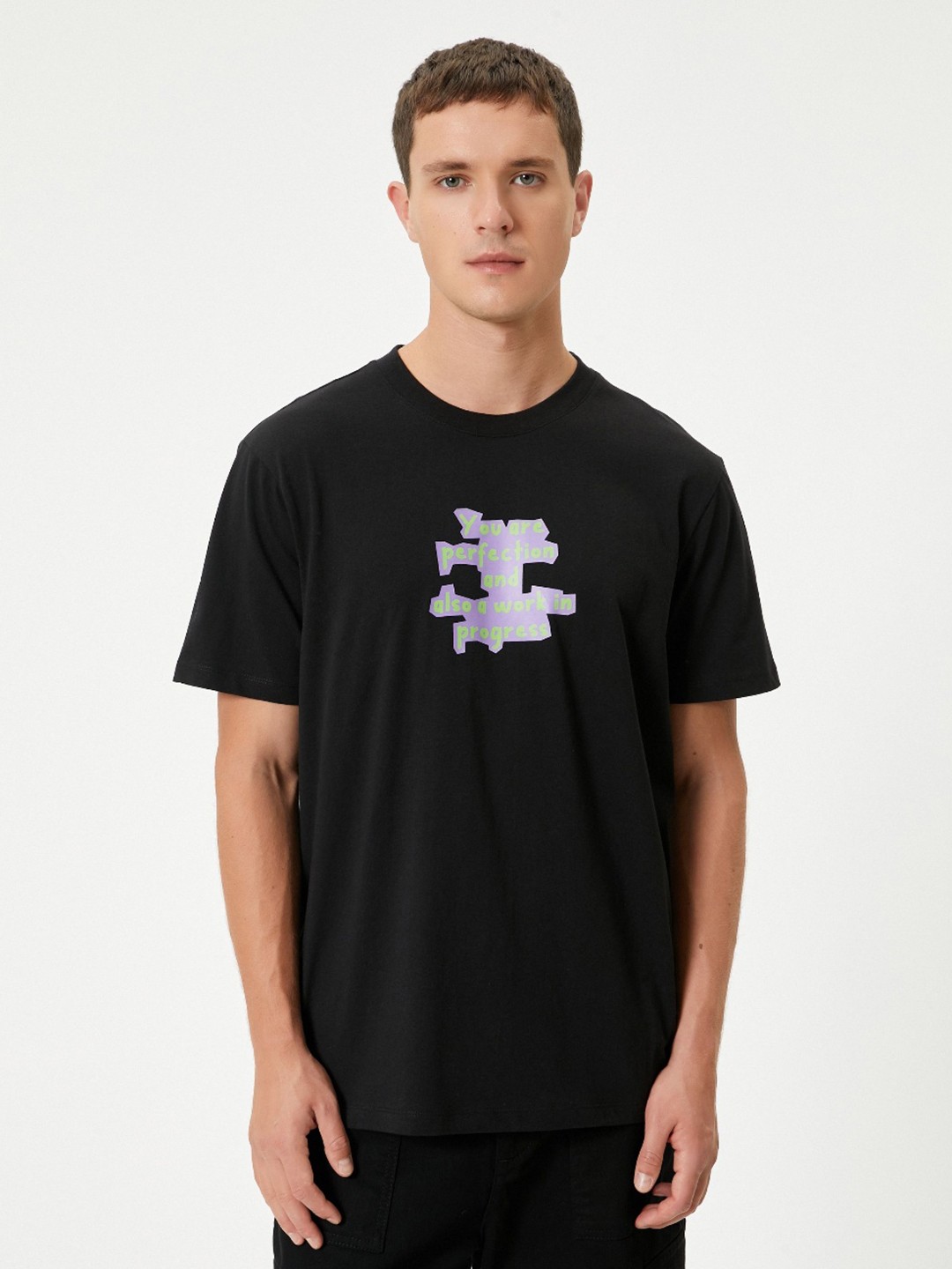 

Koton Men Typography Printed Extended Sleeves Pockets T-shirt, Black